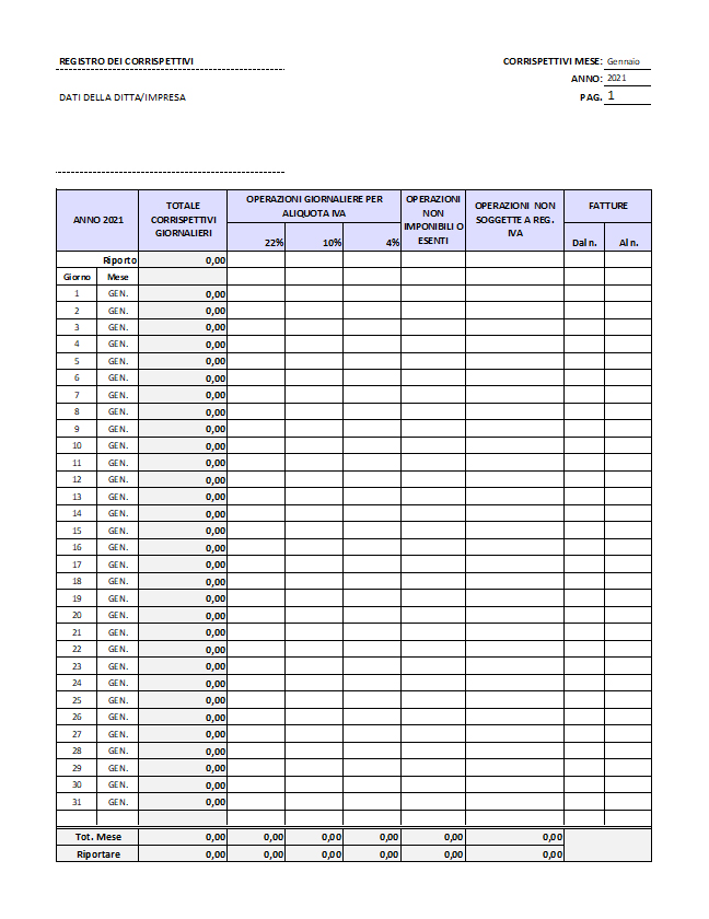 Registro Dei Corrispettivi Excel 2020 Foglio Elettronico